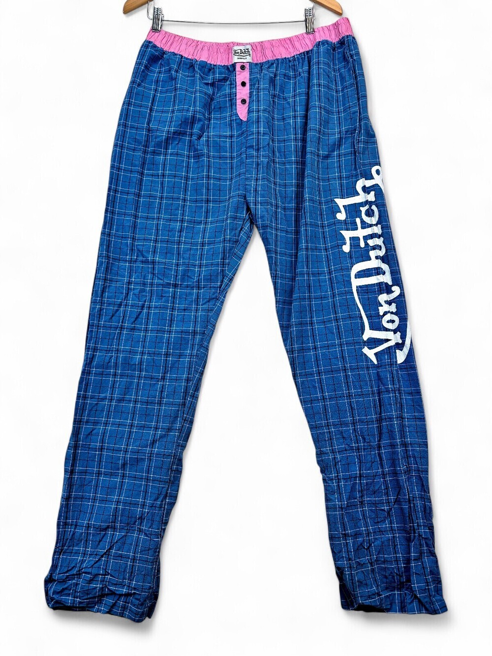 Von Dutch Blue Plaid Pajama Pants Pink Waistband Womens XL Lounge Sleepwear